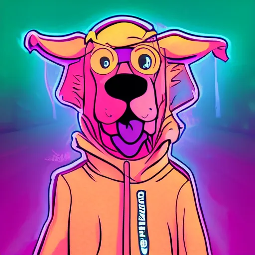 Image similar to scooby doo in hoodie, portrait, vaporwave, synthwave, neon, vector graphics, cinematic, volumetric lighting, f 8 aperture, cinematic eastman 5 3 8 4 film