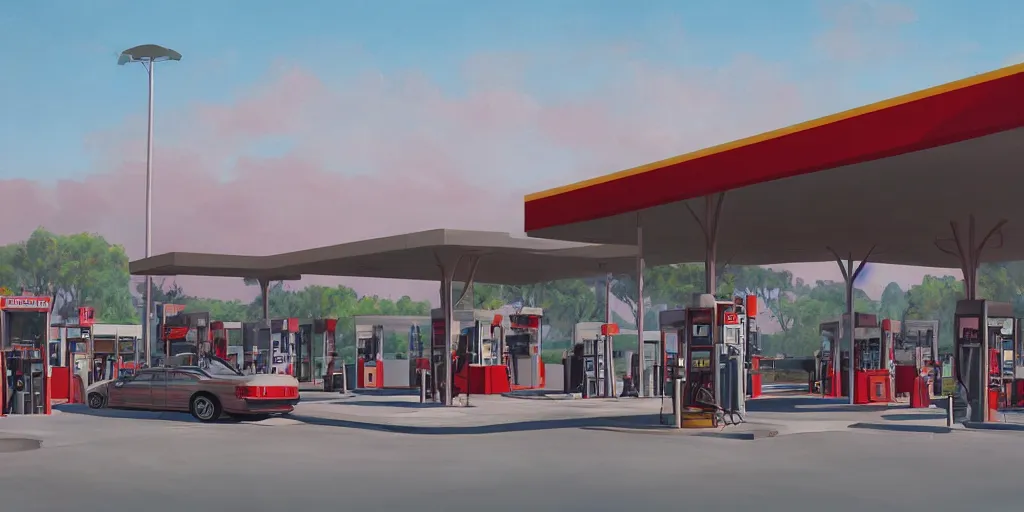 Prompt: a gas station and a parking lot in california, david febland, artstation, matte painting