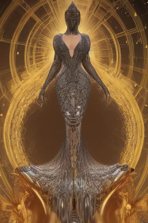 Image similar to a realistic picture of a beautiful ancient alien woman goddess bella hadid standing in iris van herpen dress jewelery and fractals in style of alphonse mucha art nuvo dmt trending on artstation made in unreal engine 4