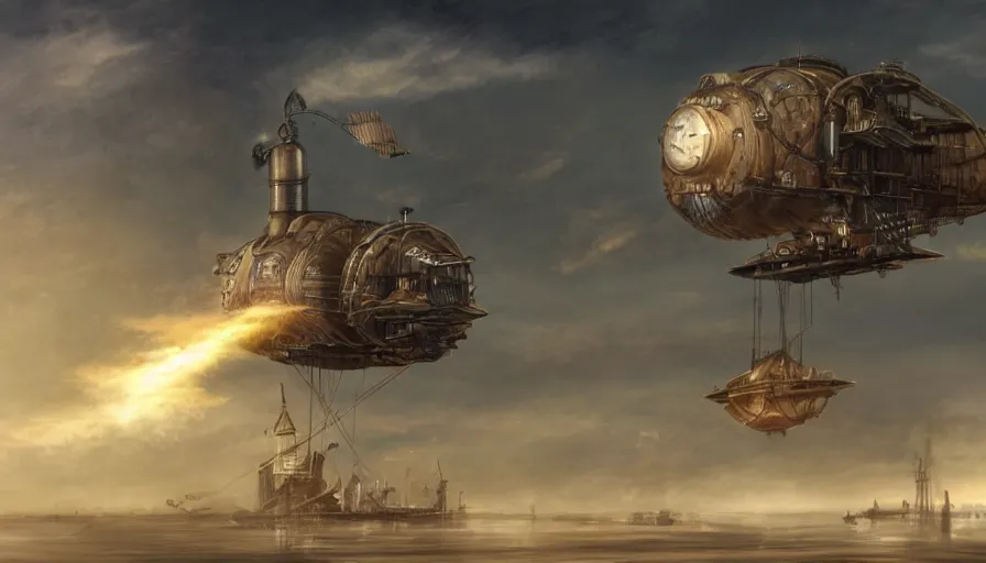 Image similar to a concept art of a steampunk airship exiting it's hanger to sail away in the morning sky, concept art, trending on artstation, steampunk, volumetric lightning