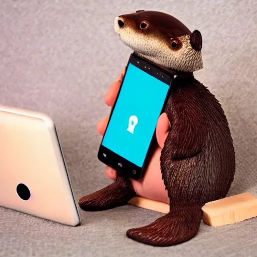 Prompt: a cute anthropomorphic otter using an android phone at home
