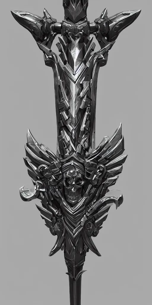 Image similar to a black and silver sword skull crest, orthographic, ornament, weapon, a 2 d render by dom qwek, front side, concept art, trending on polycount, artstation, hard surface modeling, rendered in maya, zbrush, hd, vray, blizzard, symmetry