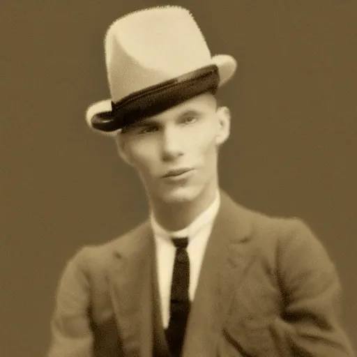 Image similar to A photograph portrait of Jerma985 wearing a pork pie hat in the early 1920s, taken in the early 1920s, grainy, taken on a early 1900s Kodak Camera, realistic, hyperrealistic, very realistic, highly detailed, very detailed, extremely detailed, detailed, digital art, trending on artstation