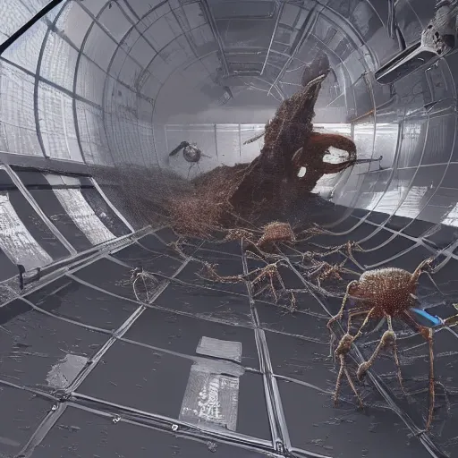 Prompt: photo of a space station infested by spiders, spider web, sci-fi, artstation, realistic