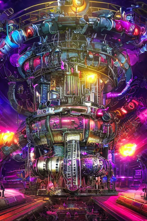 Prompt: a concert poster, tourname is invasion of the tripmachines, realistic digital art, 3 d render of two huge futuristic steampunk generators inside a steampunk machinery, 8 k, fluorescent colors, halluzinogenic, multicolored, exaggerated detailed, unreal engine