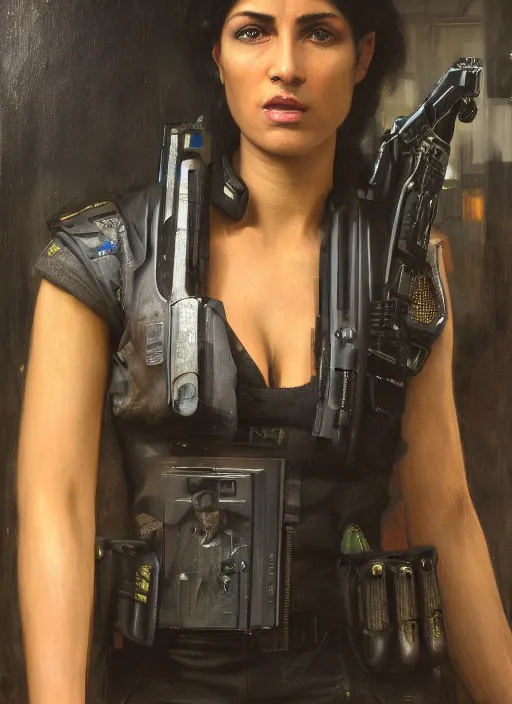 Image similar to Maria. beautiful cyberpunk policewoman wearing a military vest and military stealthsuit (cyberpunk 2077). gorgeous face. african woman. Iranian orientalist portrait by john william waterhouse and Edwin Longsden Long and Theodore Ralli and Nasreddine Dinet, oil on canvas. Cinematic, hyper realism, realistic proportions, dramatic lighting, high detail 4k