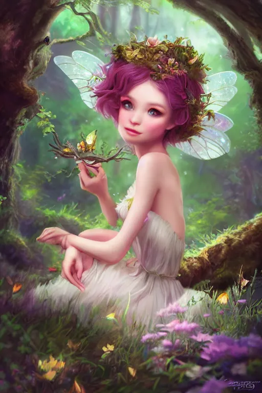 Image similar to a cute fairy in the dreamy forest, fantasy, 8 k resolution, hyper detailed, d & d, character design, digital painting, trending on artstation, sharp focus, illustration, art by artgerm, steve zheng, fuji choko, viktoria gavrilenko, hoang lap