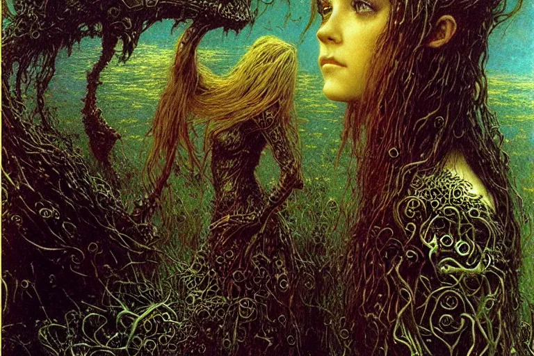 Image similar to young cute alyson hannigan knight in enchanted lovecraftian garden by jean delville, luis royo, beksinski, grimshaw