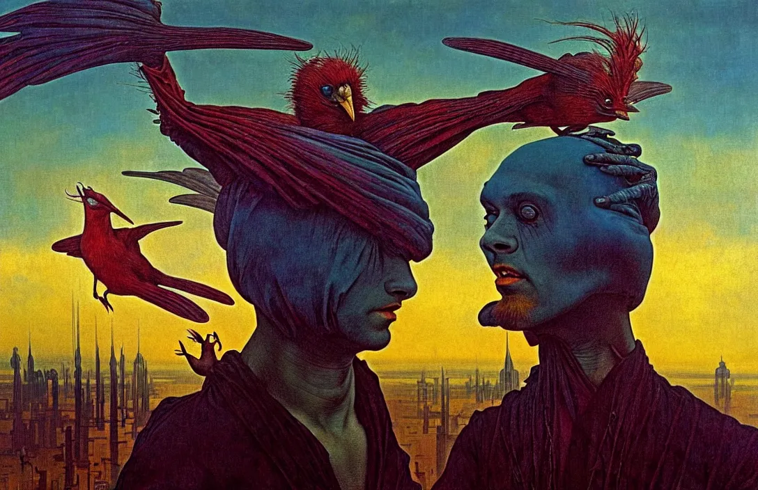 Image similar to realistic detailed portrait movie shot of a birdman wearing dark ragged robes, sci fi city sunset landscape background by denis villeneuve, amano, yves tanguy, alphonse mucha, ernst haeckel, max ernst, roger dean, masterpiece, rich moody colours, bird head, blue eyes