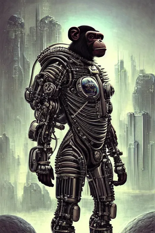 Image similar to a portrait of a muscular anthropomorphic cyberpunk chimp in spacesuit armor with ensignia on chest plate by sandra chevrier, by jon foster, detailed render, post - processing, extremely hyperdetailed, intricate, epic composition, cybernetics, 4 k realistic, cryengine, realistic shaded lighting, sharp focus, masterpiece, by enki bilal