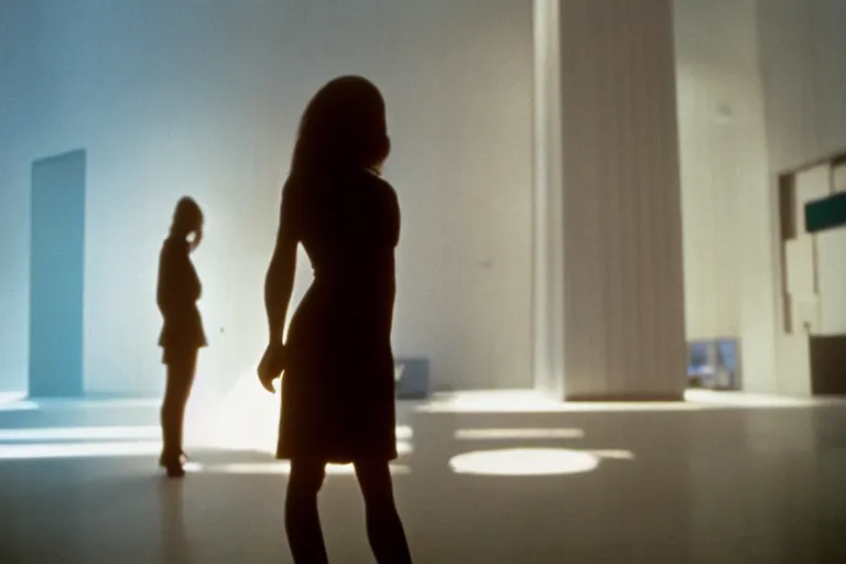 Prompt: backlit photograph of young woman standing in front of monolith radiating neutrinos in suburban living room, crisp focus, highly detailed, in roger deakins style, 3 5 mm ektachrome