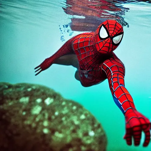 Prompt: underwater shoot photo of Spiderman , high detail , perfect photo