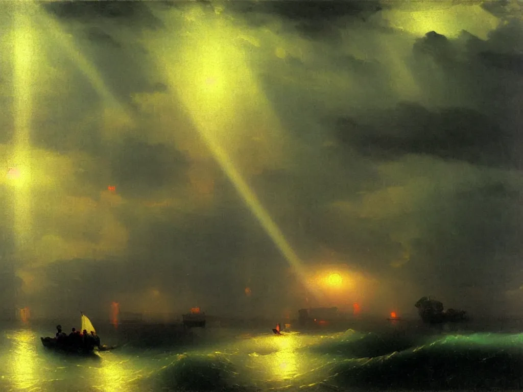 Prompt: heavy rain in south korea, bridges and buildings under water, beam of light through dark clouds, by Aivazovsky