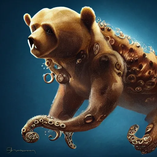 Image similar to high plausibility animal, ursine bear body, octopus limbs, 🐙 head and face, octobear, fierce chimera beast, cinematic painterly digital art, 4 k, 8 k