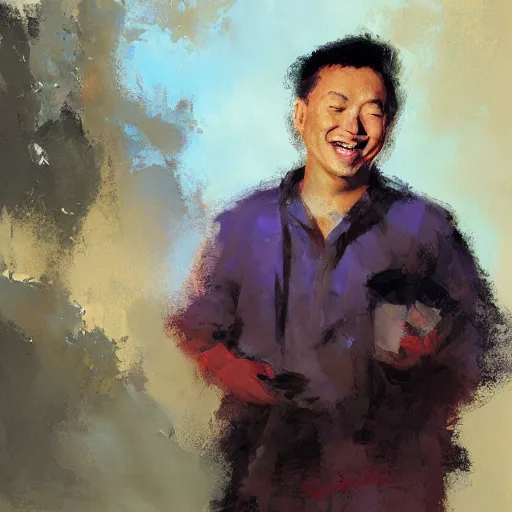 Image similar to a happy asian man, painted by Craig Mullins