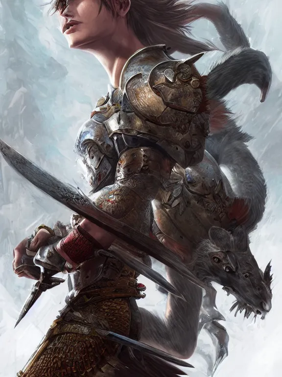 Prompt: a beautiful hyper realistic detailed epic game cover despising a women knight guided by the spirit of the great raccoon, in the style of dragon age, concept art, featured on artstation