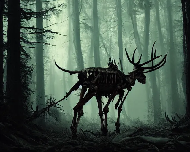 Image similar to 5 5 mm portrait photo of an armored demonic skeleton with antlers, in a magical forest. dark atmosphere. art by greg rutkowski. highly detailed 8 k. intricate. lifelike. soft light. nikon d 8 5 0.