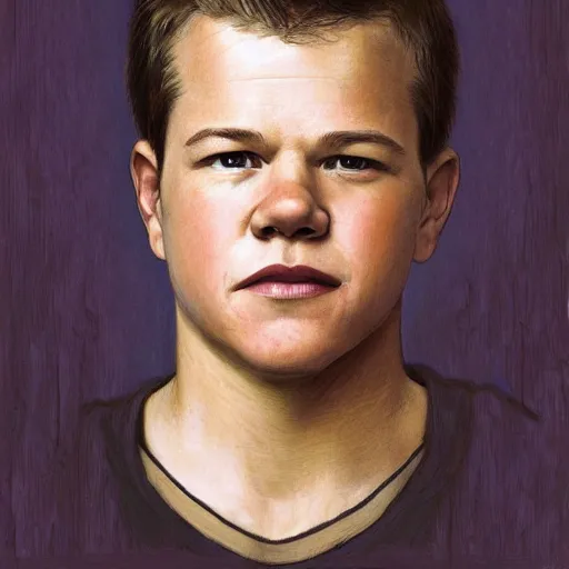 Prompt: Young Matt Damon, highly detailed, digital painting, artstation, concept art, smooth, sharp focus, illustration, ArtStation, art by artgerm and greg rutkowski and alphonse mucha and J. C. Leyendecker and Edmund Blair Leighton and Katsuhiro Otomo and Geof Darrow and Phil hale and Ashley wood and Ilya repin and Charlie Bowater