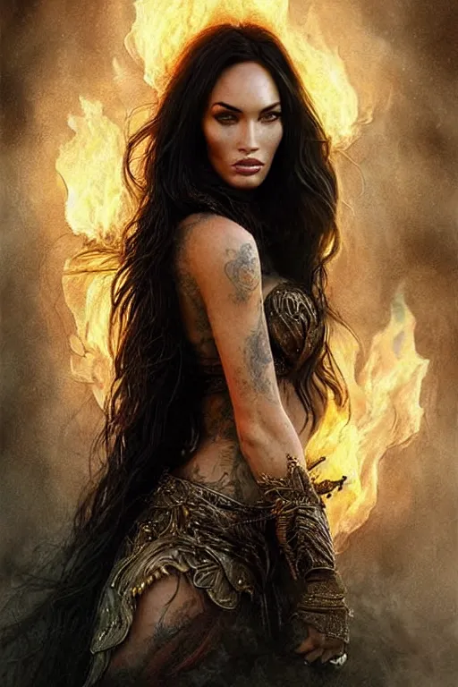 Image similar to Majestic and regal portrait of Megan fox fire goddess!!, intricate, epic, elegant, menacing, fantasy, highly detailed, digital painting, hard focus, beautiful volumetric lighting, epic light, ultra detailed, souls, smoke, by Leesha Hannigan, Ross Tran, Thierry Doizon, Kai Carpenter, Ignacio Fernández Ríos