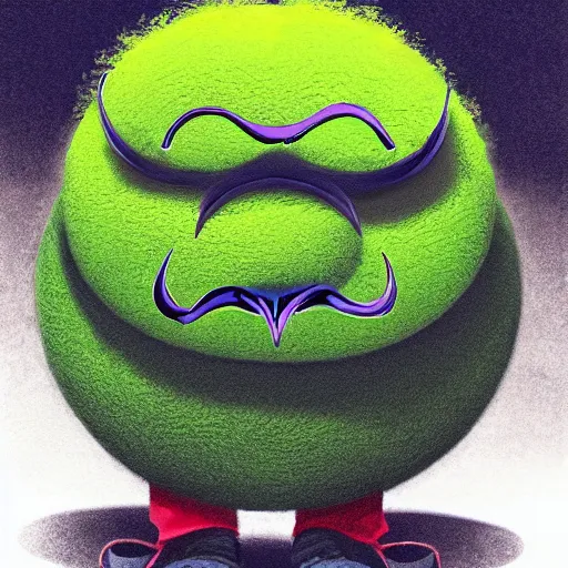 Image similar to a tennis ball monster with a big mustache, digital art, fantasy, magic, trending on artstation, ultra detailed, professional illustration by Basil Gogos