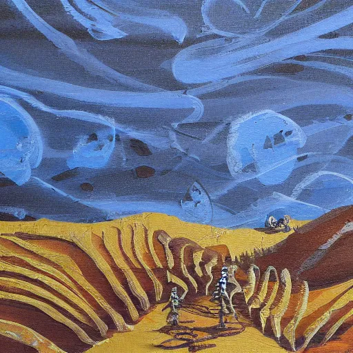 Image similar to alive skeleton painting a landscape with brushes