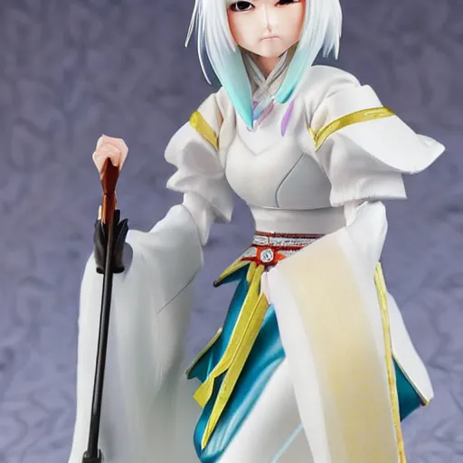 Image similar to a japanese princess young lady, with white hair and bangs!!!! beauty, anime action figure, well lit, studio light, painted action figure, toy advertisement