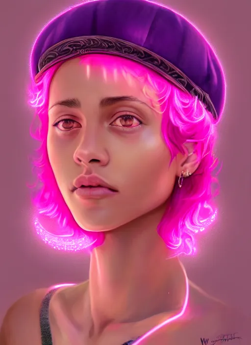 Image similar to portrait of teenage vanessa morgan with bright pink hair, curly pixie cut hair, wearing a purple breton cap, breton cap, hoop earrings, intricate, elegant, glowing lights, highly detailed, digital painting, artstation, concept art, smooth, sharp focus, illustration, art by wlop, mars ravelo and greg rutkowski