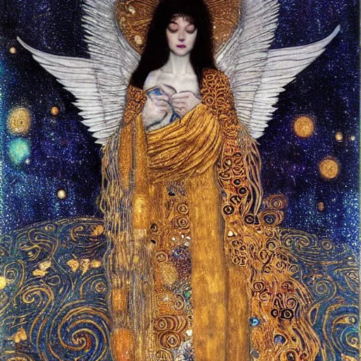 Image similar to dreamy angel, in the cosmos, 🌫🌌 intricate long shelve robes, intricate detail, klimt, royo,