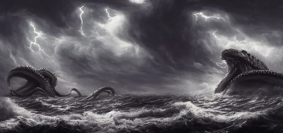 Image similar to wild ocean storm at night, a giant kraken emerging from water, dramatic lighting, cinematic, establishing shot, extremly high detail, foto realistic, cinematic lighting, post processed, concept art, artstation, matte painting, style by eddie mendoza, raphael lacoste, alex ross