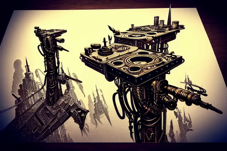 Prompt: a majestic steampunk table legs, high details, bold line art, by vincent di fate and joe fenton, inking, etching, screen print, masterpiece, trending on artstation, sharp, high contrast, hyper - detailed,, hd, 4 k, 8 k