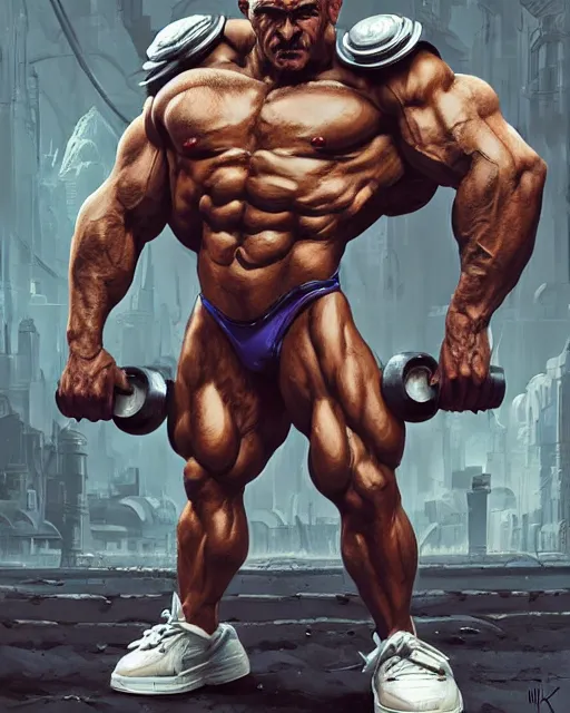 Image similar to luigi bodybuilder in a ensemble, ernest khalimov body by krista sudmalis, fantasy character portrait, ultra realistic, futuristic background by laurie greasley, concept art, intricate details, highly detailed by greg rutkowski, ilya kuvshinov, gaston bussiere, craig mullins, simon bisley