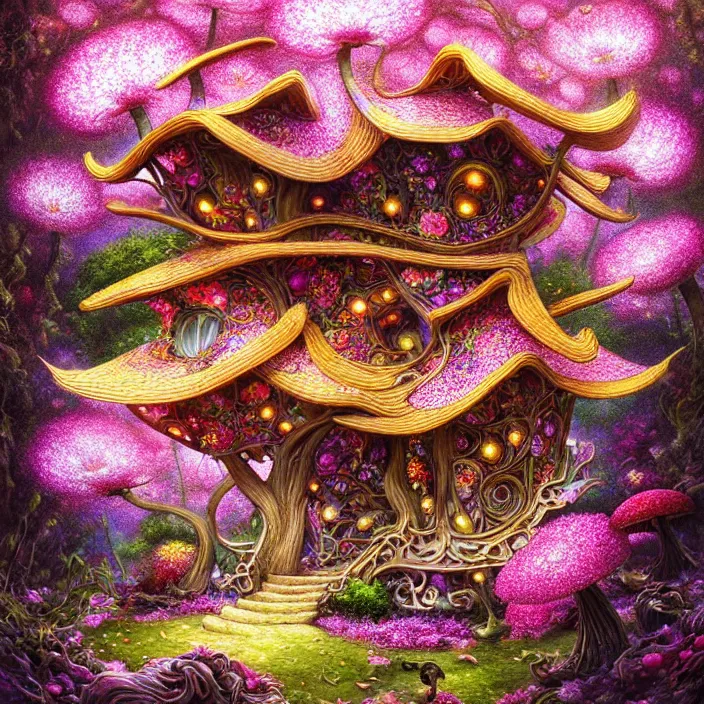 Image similar to extremely psychedelic home made of orchid and cherry blossom tree and mushroom, LSD, diffuse lighting, fantasy, intricate, elegant, highly detailed, lifelike, photorealistic, digital painting, artstation, illustration, concept art, smooth, sharp focus, art by John Collier and Albert Aublet and Krenz Cushart and Artem Demura and Alphonse Mucha