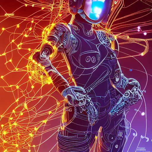 Image similar to a beautiful fighting body of a bot fighter pilot woman mostly made of wires and electronic circuits led luminous, an ultrafine detailed illustration by james jean, final fantasy, intricate linework, bright colors, behance contest winner, vanitas, angular, altermodern, unreal engine 5 highly rendered, global illumination, radiant light, detailed and intricate environment