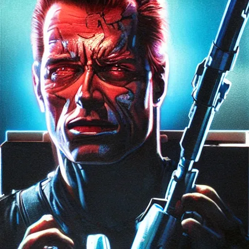 Prompt: The Terminator model 101 stands tall in club \'Tech Noir\' pointing an UZI 9mm sub machine gun at his targets forehead, The red laser sights can be seen through the dry ice. detailed, digital painting, artstation, concept art, illustration, smooth, sharp focus, art by artgerm and greg rutkowski and alphonse mucha