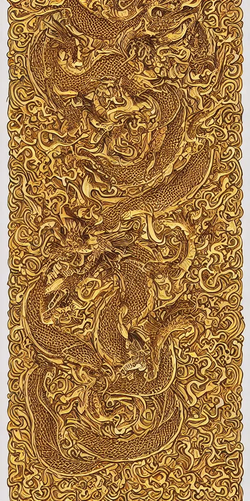 Image similar to golden paper + an intricate dragon depiction + symmetry + elaborate red illustration