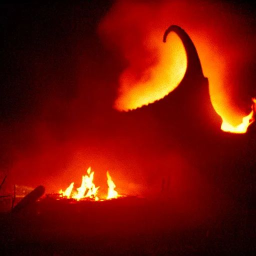 Image similar to cinestill of a huge scary xenomorph backlit by a big bonfire at night