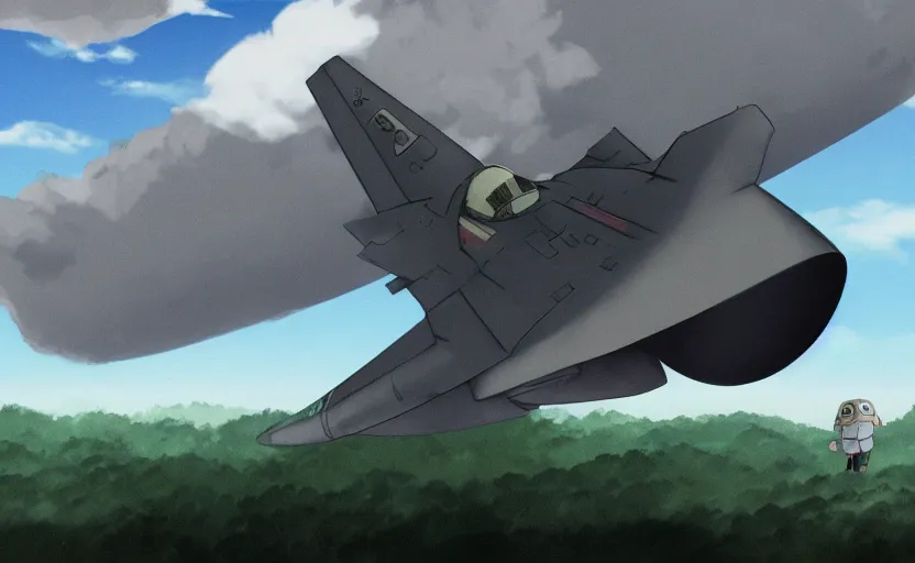 Image similar to a cell - shaded studio ghibli concept art study of a grey cube in the sky. a fighter jet is in the background. wide shot, very dull colors, hd, 4 k, hq