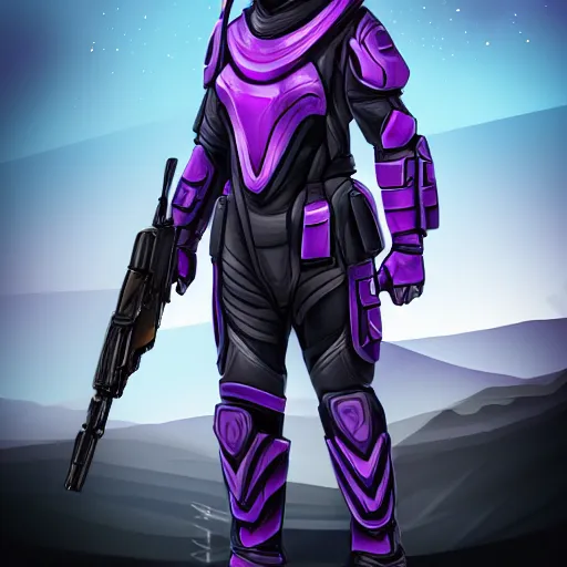 Prompt: vanu soldier, tall, helmet, purple and black clothes, heavy gun, full body, full portrait