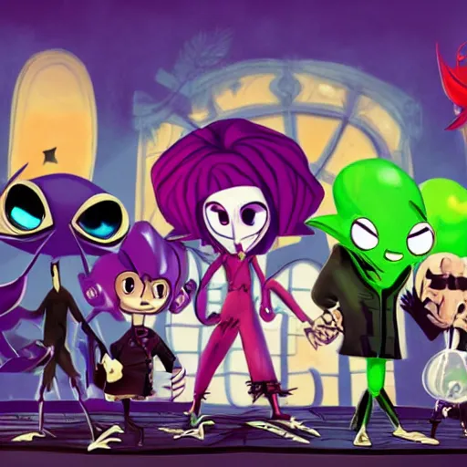 Image similar to psychic punk rocker electrifying rockstar with vampire squid head concept character designs of various shapes and sizes by genndy tartakovsky and splatoon by nintendo and the psychonauts franchise by doublefine tim shafer artists as well as the artist for the new hotel transylvania film