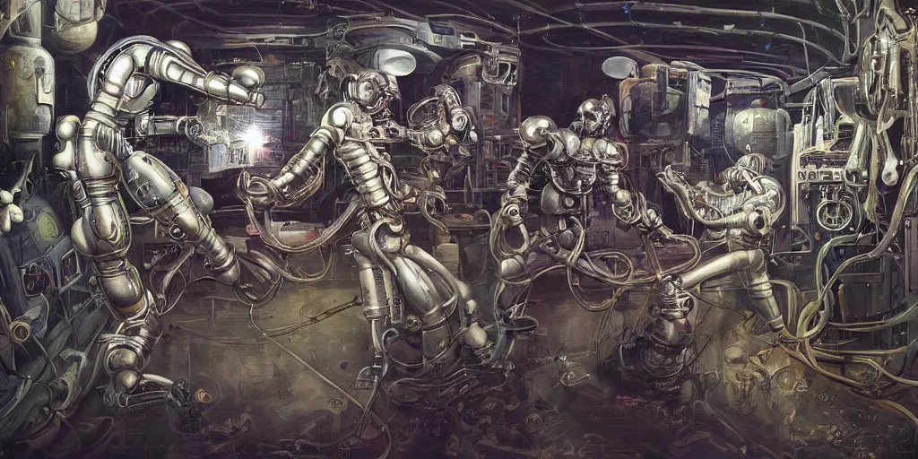 Prompt: digital painting of robot mixed martial arts in space, by michael whelan and h. r. giger, highly detailed, steampunk, mix of styles, intricate, ghost in the shell color scheme, boxing, kickboxing