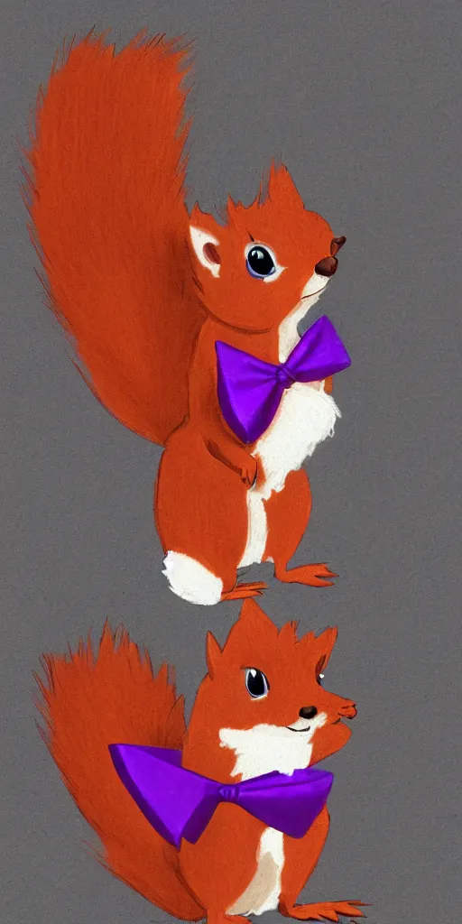 Prompt: concept art for a video game character that is a red fluffy squirrel. it has a purple bow tie