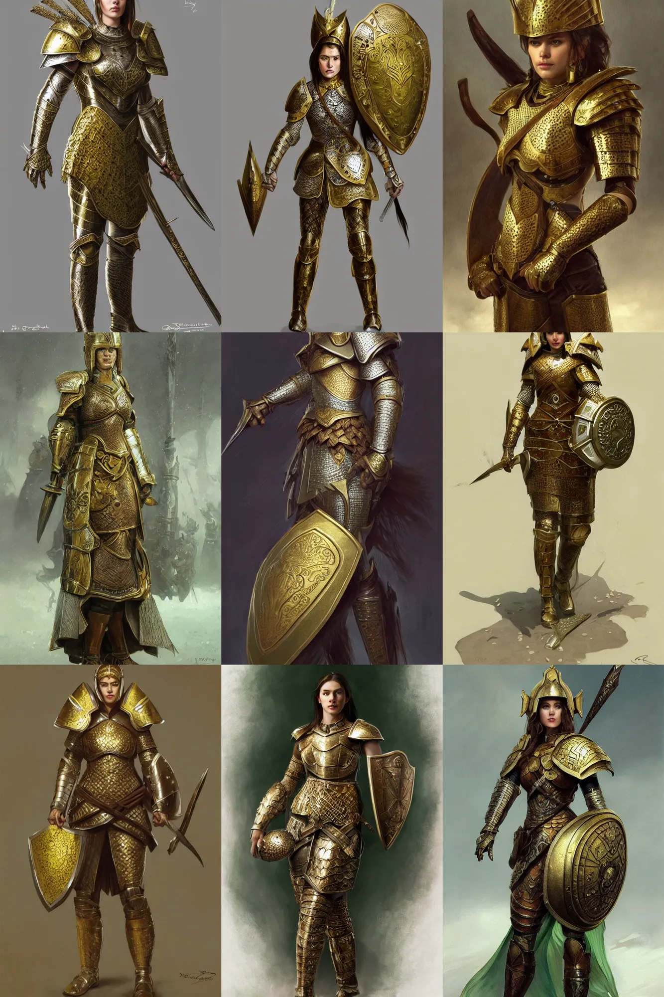 Prompt: full body portrait of a female warrior medium length brown hair and a very very highly detailed face wearing elegant golden plate mail armor intricately painted with green and white white accents, holding a rectangular tower shield, designed in blender, artstation, cgsociety, realistic character concept art, sharp focus, by greg rutkowski, artgerm, and alphonse mucha