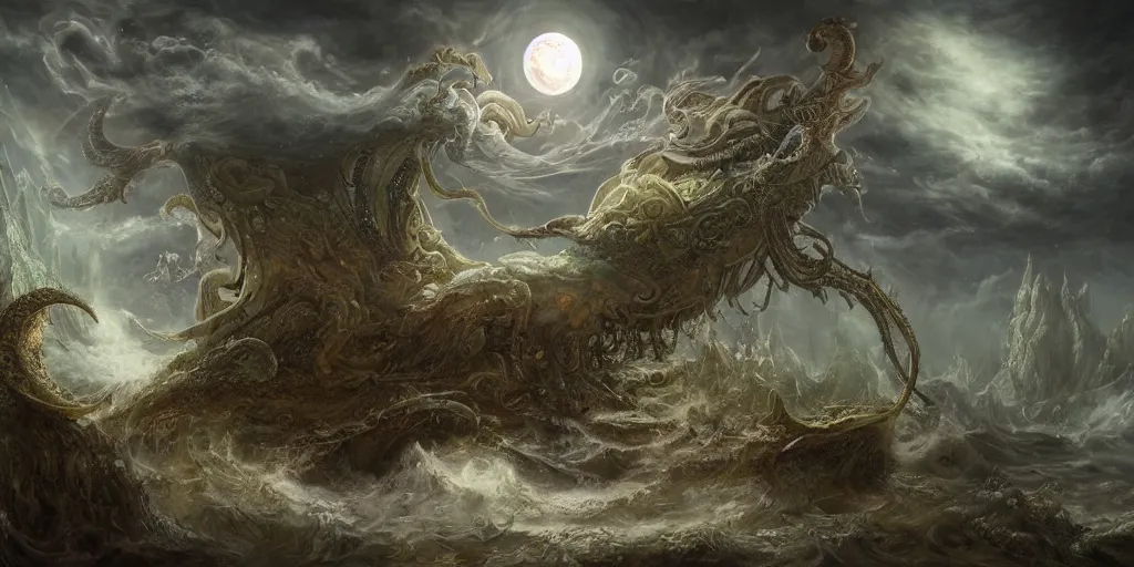 Prompt: concept art of fairy, lovecraftian, renaissance, melting, round moon, rich clouds, fighting the horrors of the unknown, very detailed, volumetric light, mist, fine art, decaying, textured oil over canvas, epic fantasy art, very colorful, ornate scales