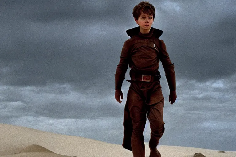 Image similar to a cinematic wide angle shot of a boy in the movie dune, stormy weather, dry, film still, cinematic, movie still, dramatic lighting, by zack snyder