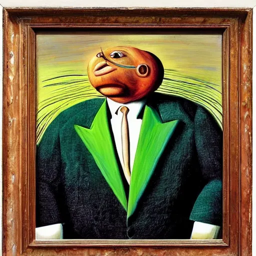 Prompt: A portrait of a humanoid grumpy old avocado wearing a suit, oil painting by Salvador Dali