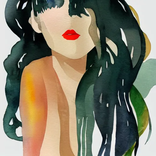 Image similar to a room full of beautiful house plants and a pretty woman with pale skin, long black hair with bangs, wearing shorts and t shirt, abstract, golden light, beautiful watercolor art trending on artstation