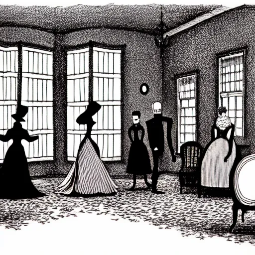 Image similar to Edward Gorey illustration of a victorian living room with costumed people dancing