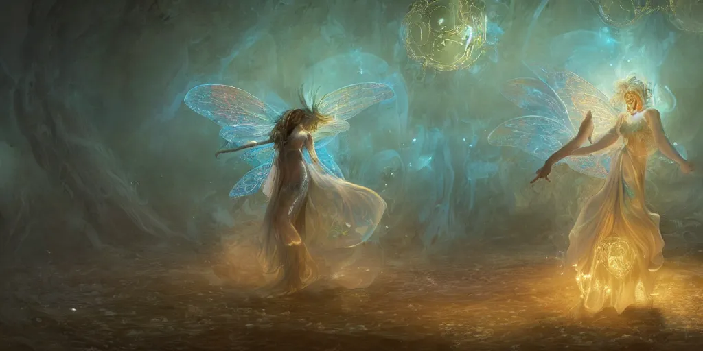 Prompt: concept art of translucent glowing curvy buxom fairy dancing, renaissance, flowy, melting, round moons, rich clouds, very detailed, volumetric light, mist, fine art, decaying, textured oil over canvas, epic fantasy art, very colorful, ornate intricate scales, floor of skulls, fractal gems, 8 k