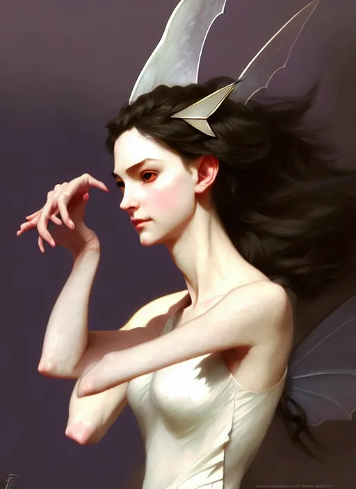 Image similar to character concept portrait of a fairy with pointy ears and an elegant gown, pale face, intricate, elegant, digital painting, concept art, smooth, sharp focus, illustration, from Metal Gear, by Ruan Jia and Mandy Jurgens and William-Adolphe Bouguereau, Artgerm