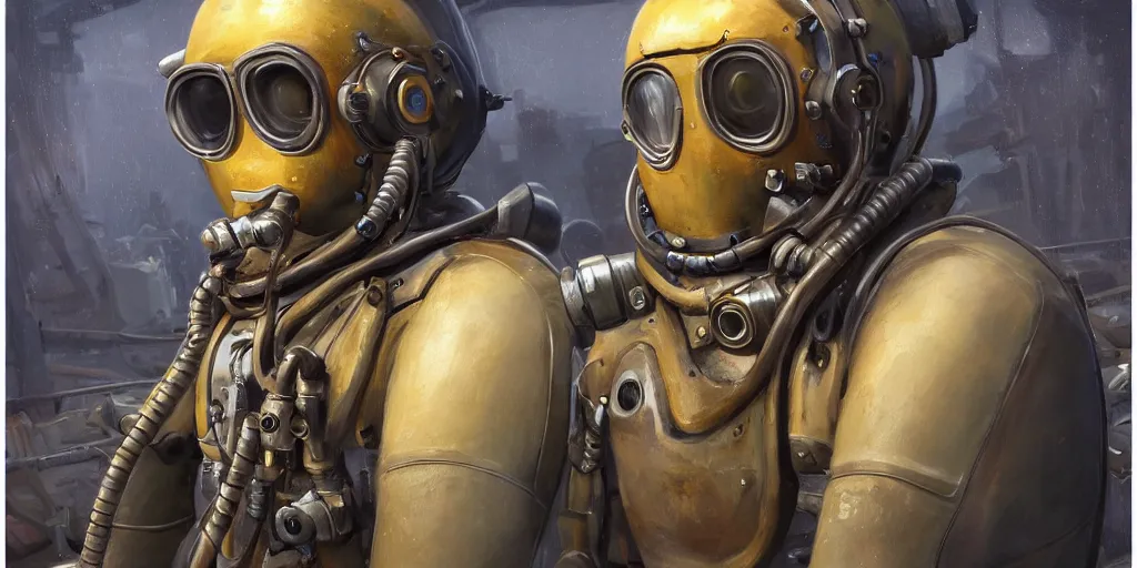 Image similar to highly detailed portrait painting of welder in atmospheric diving suit, perfect symmetrical eyes, by eddie mendoza and tyler edlin, windows, 8 k resolution